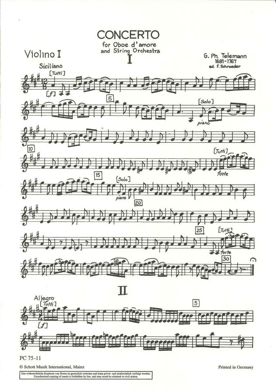 Telemann, Concerto in A: Violin I (Schott)