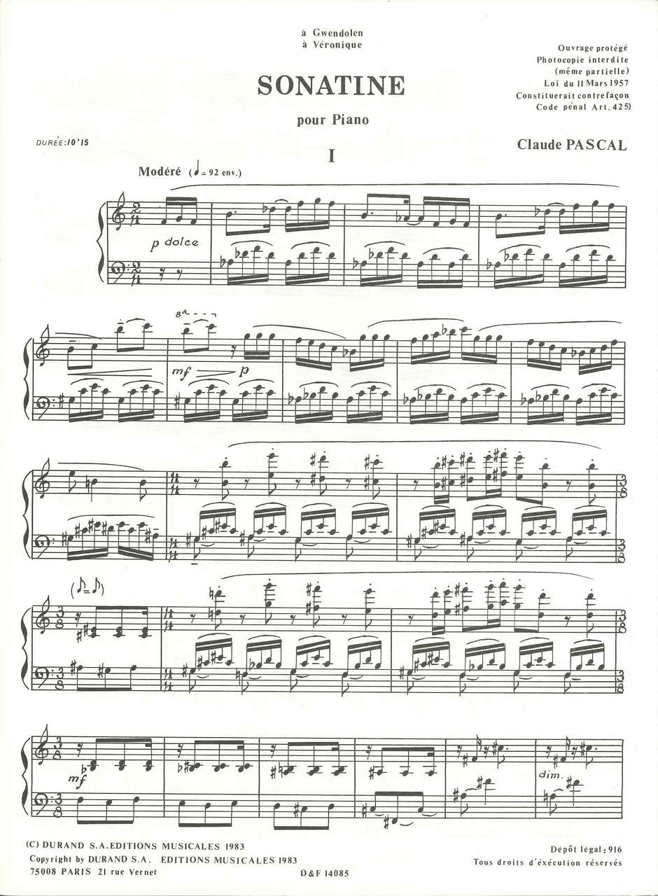 Pascal, Sonatine pour piano (Durand)