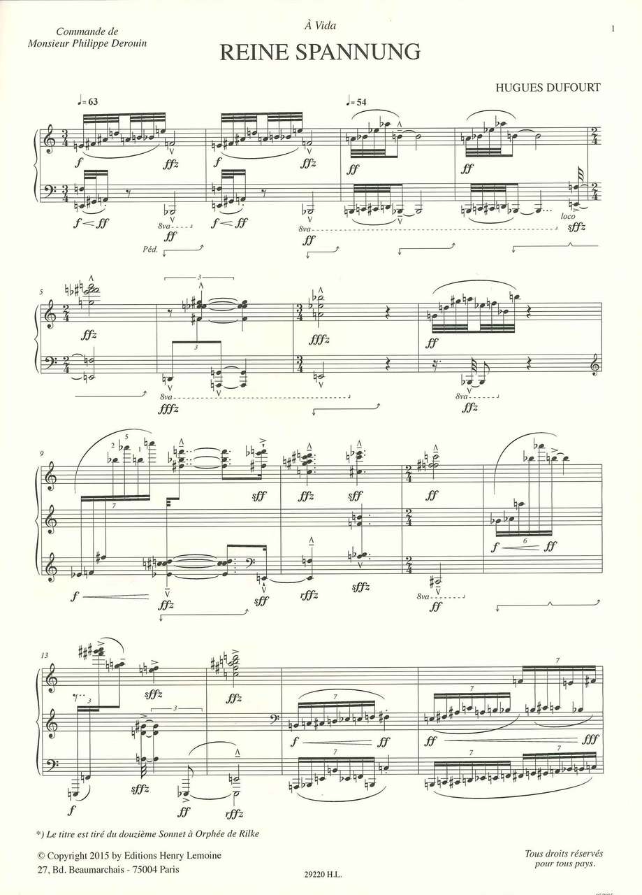Dufourt, Reine Spannung, pour piano (Lemoine)
