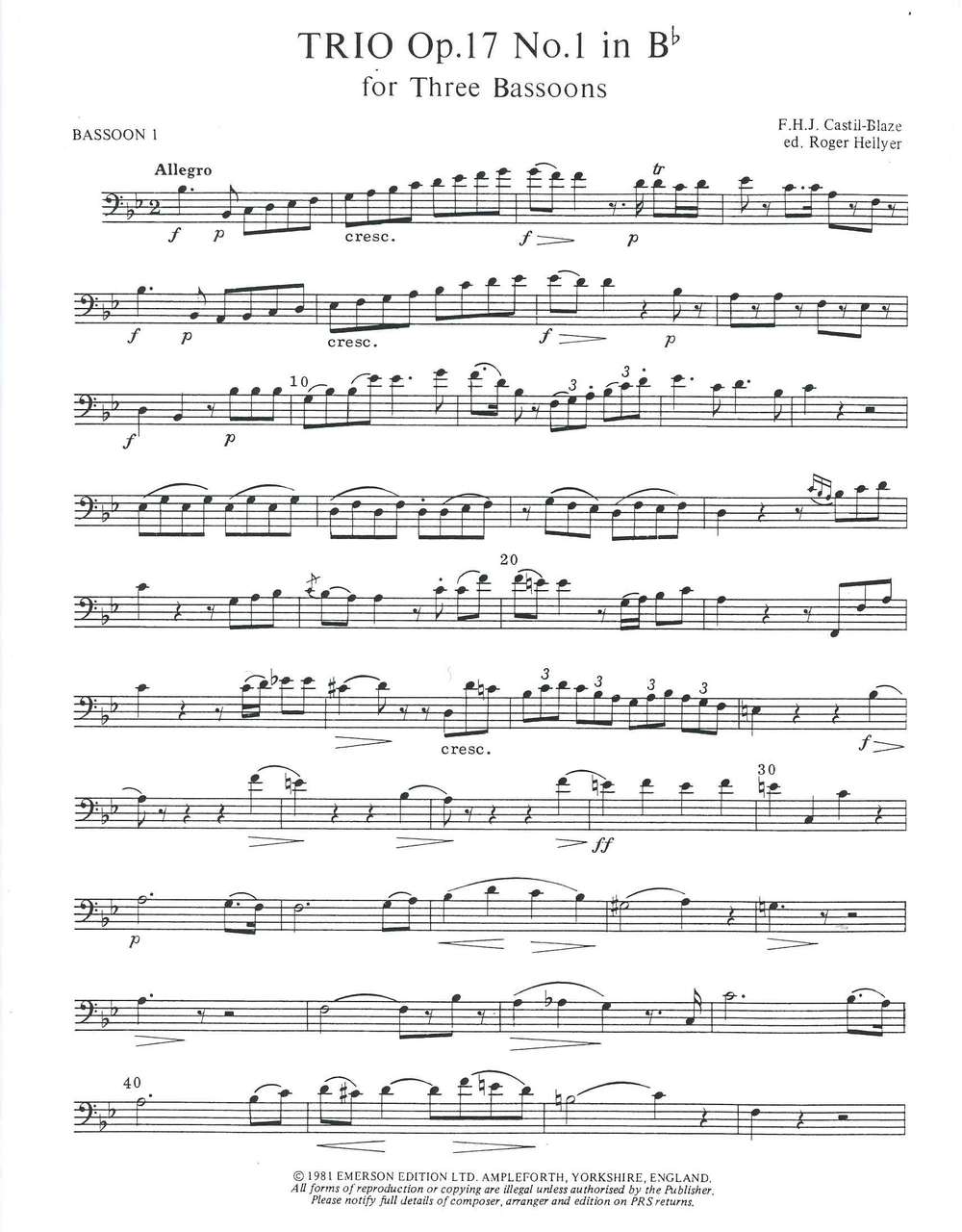 Castil-Blaze, Trio op. 17/1 in Bb (3Bn) (Emerson Edition)
