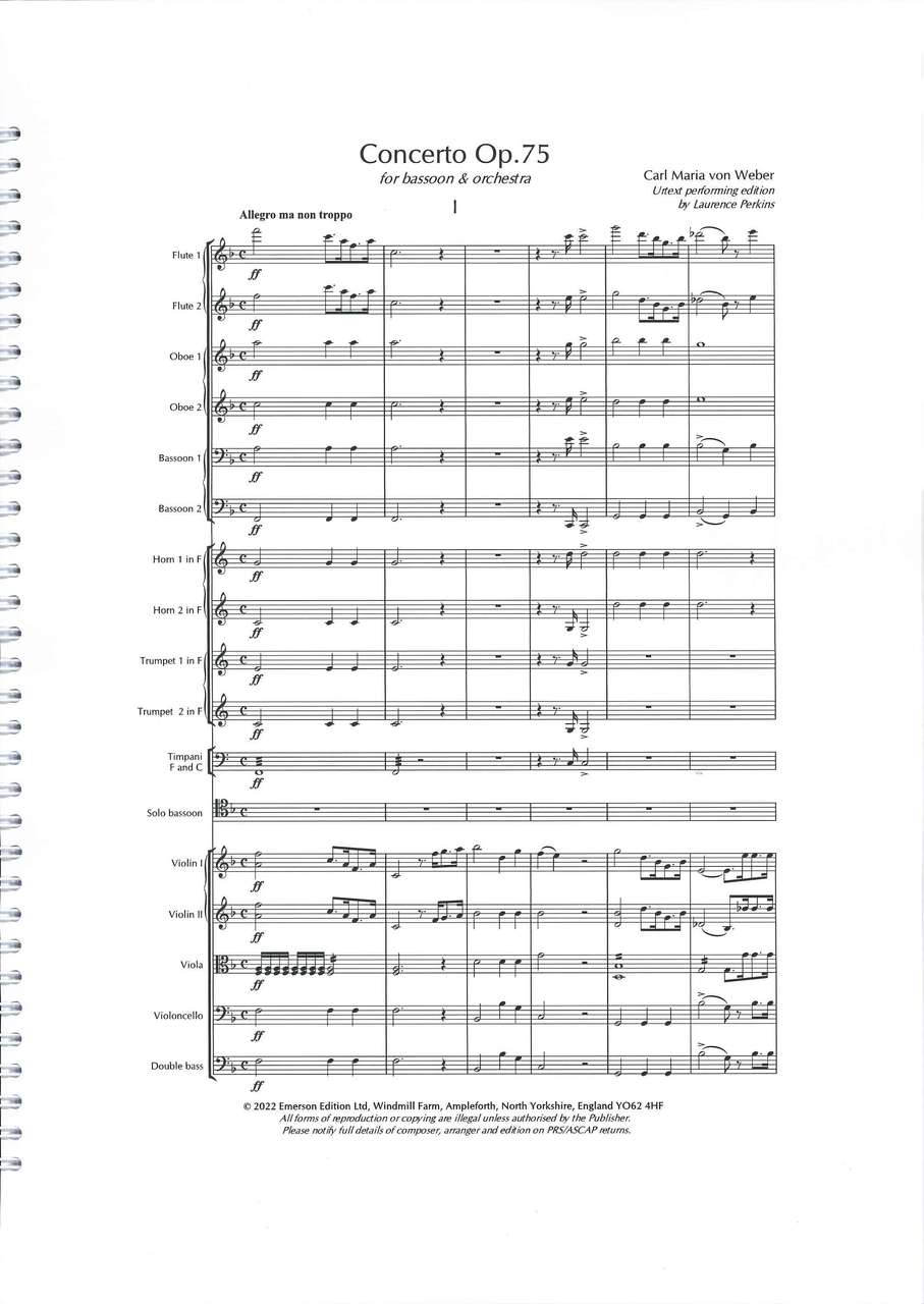 Weber, Concerto for Bassoon Full Score (Emerson Edition)