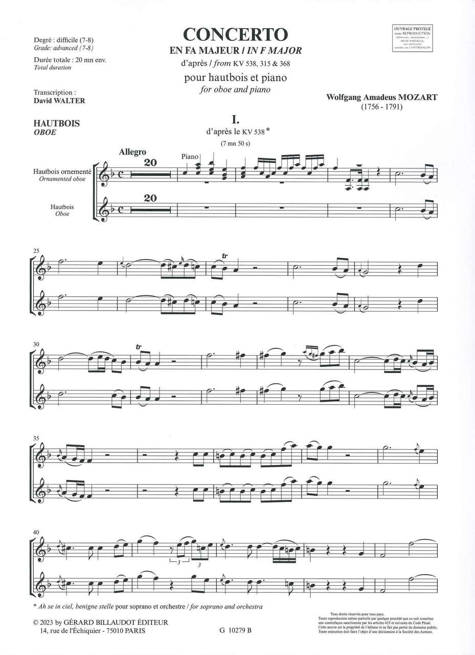 Mozart, Concerto in F KV 538, 315, 368 (Billaudot)