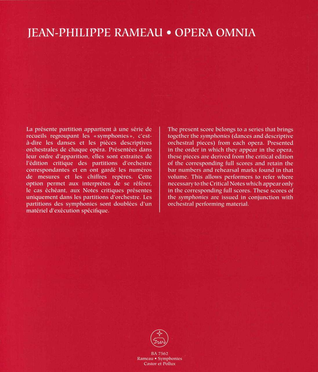Rameau, Castor et Pollux, Symphonies (Societe Jean-Philippe Rameau/Barenreiter)