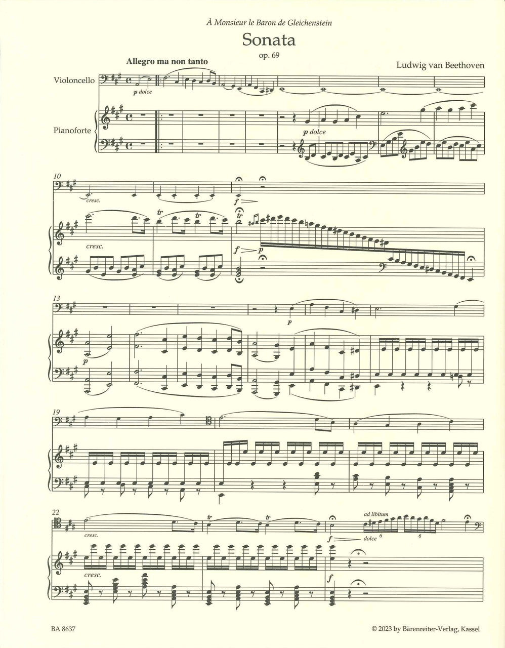 Beethoven, Sonata op. 69 in A (Del Mar) (Barenreiter)