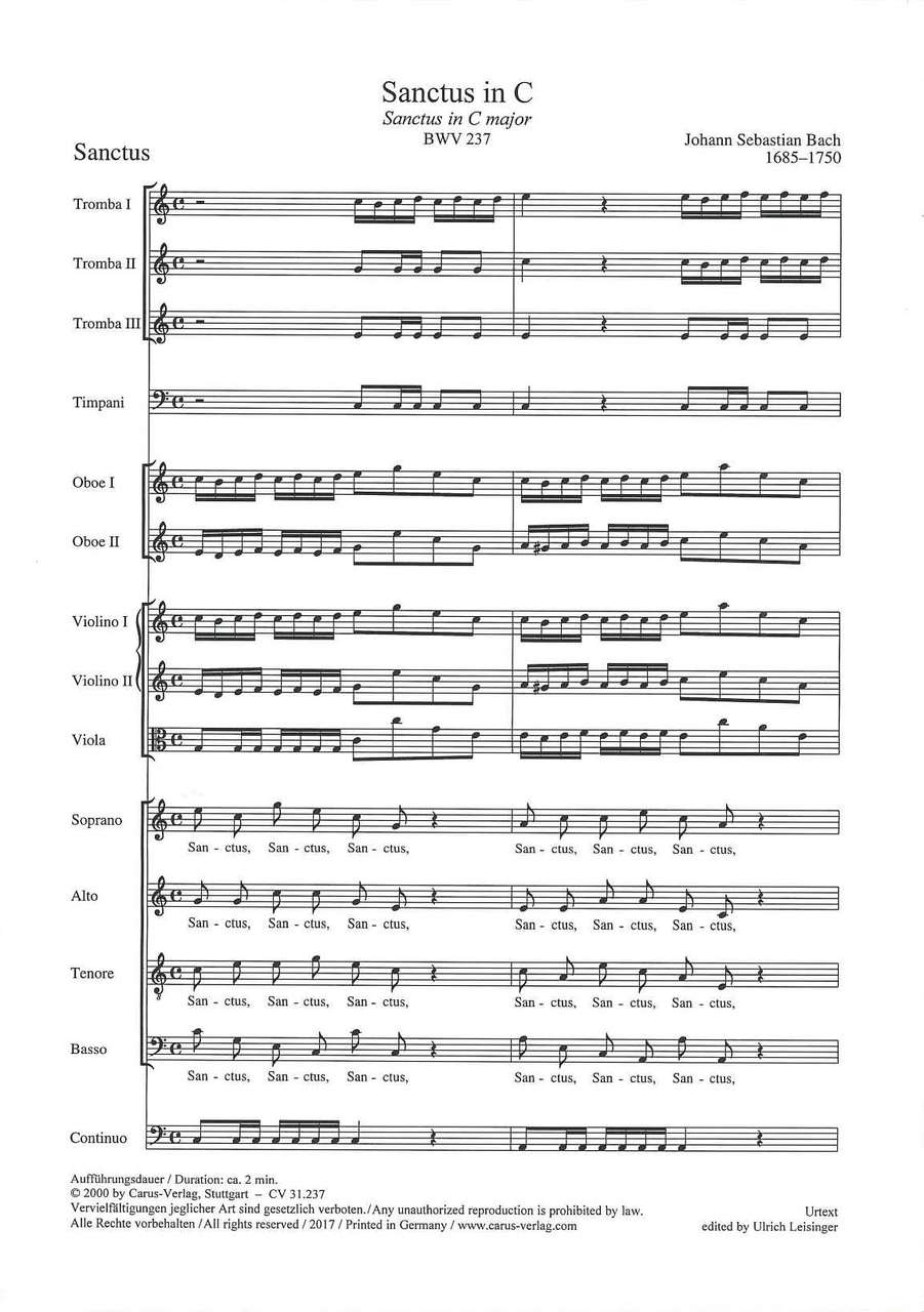 Bach, Sanctus BWV 237 in C Study Score (Carus)