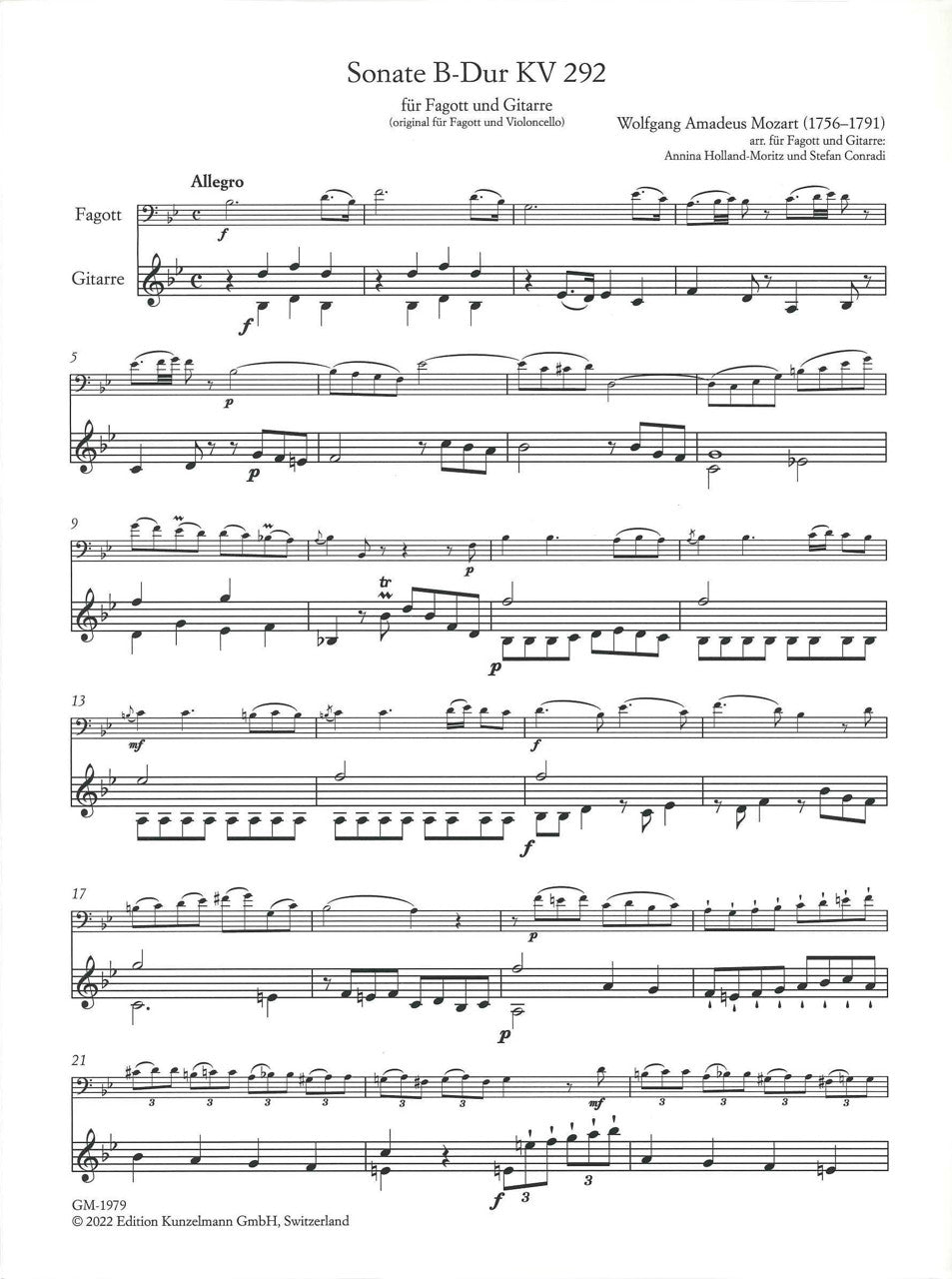 Mozart, Sonata KV 292 in Bb (Bn,Guit) (Kunzelmann)