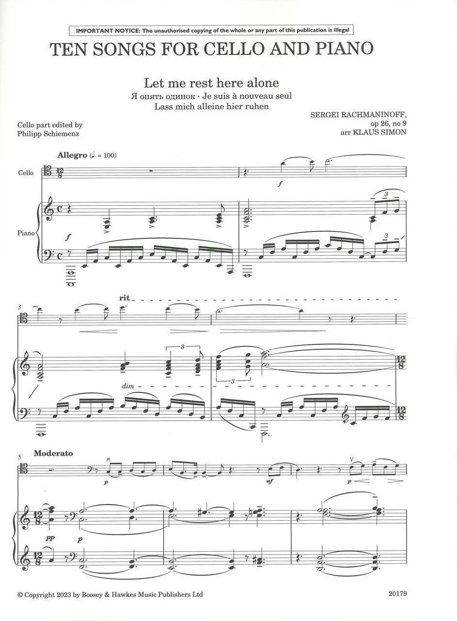 Rachmaninoff, 10 Songs for Cello & Piano (Boosey)