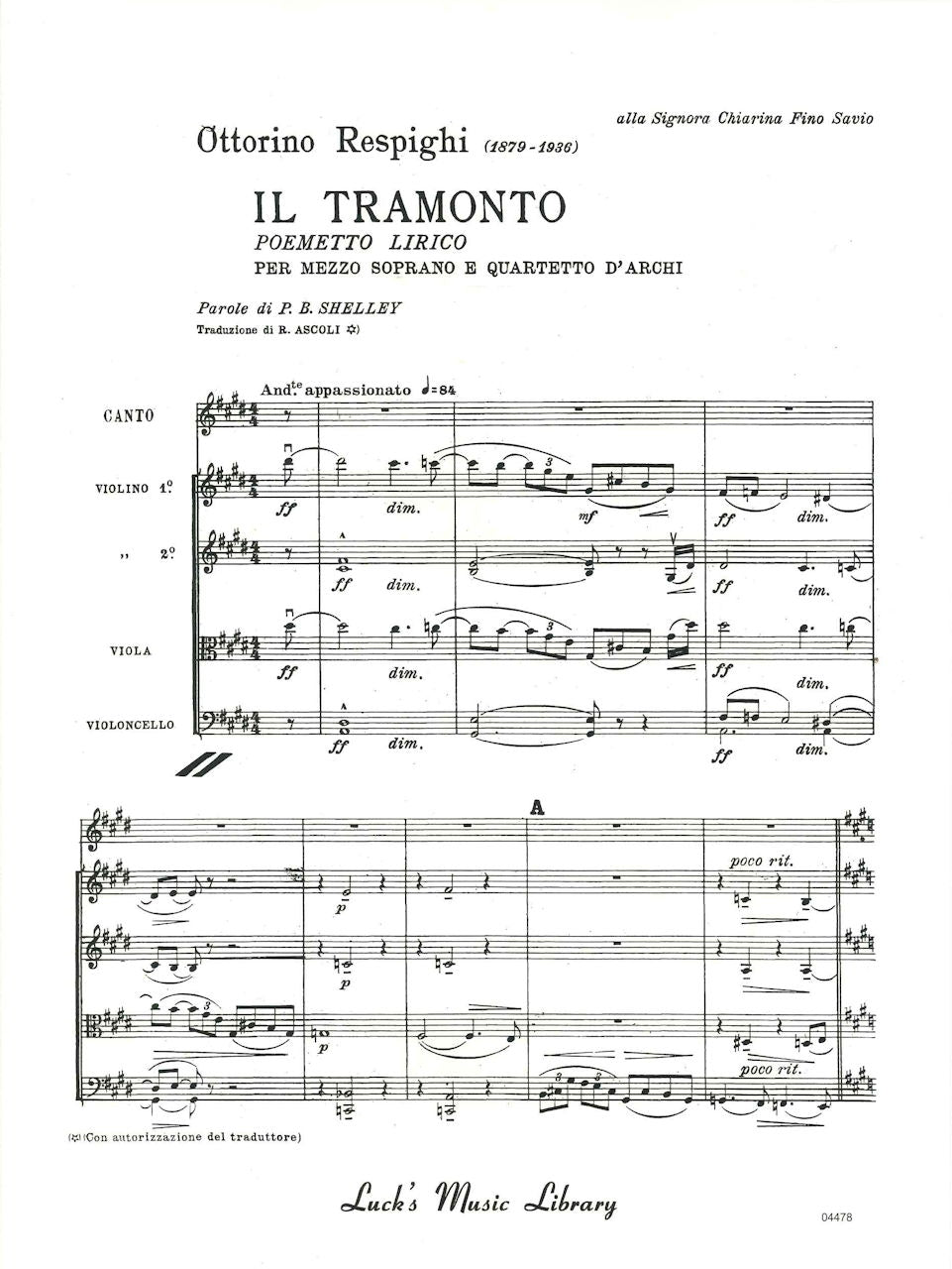 Respighi, Tramonto (M.Sop,Str.Orch) Scor (Luck's Music)